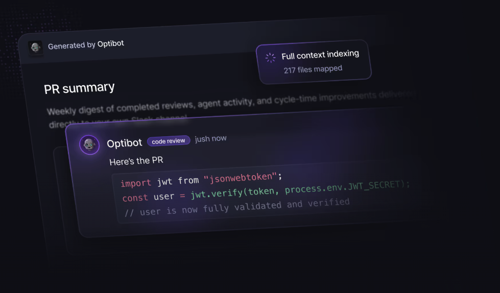 Optibot code review dashboard showing PR summary, full context indexing, and inline code suggestions