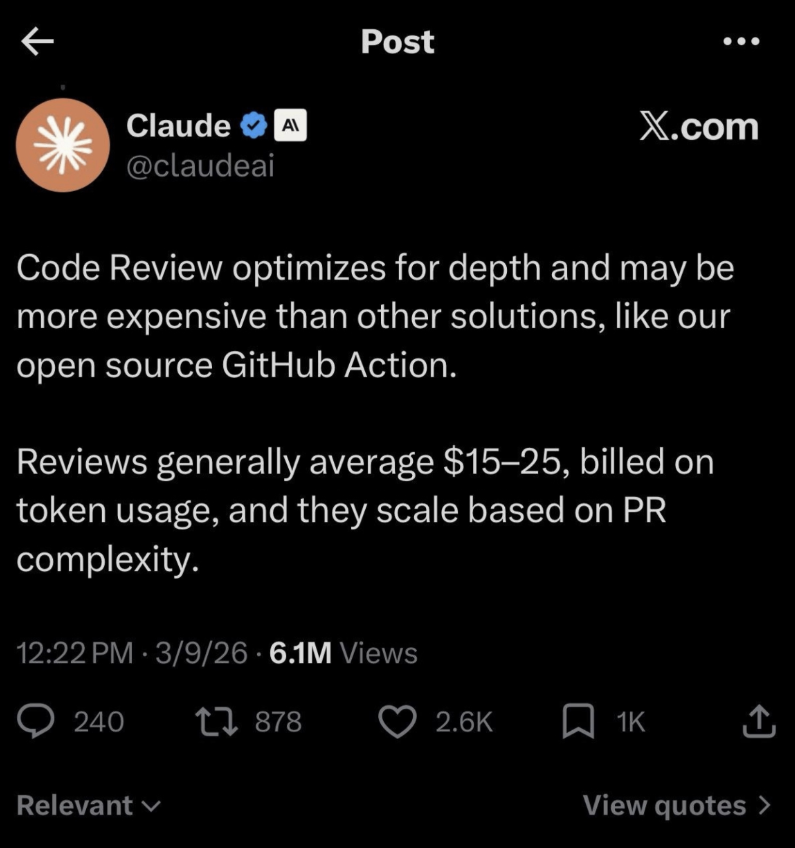 Claude AI (@claudeai) tweet: Code Review optimizes for depth and may be more expensive than other solutions. Reviews generally average $15–25, billed on token usage.