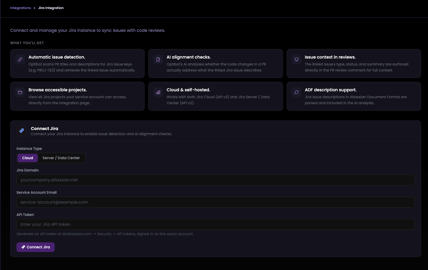 Jira Integration connect form showing the Instance Type toggle (Cloud / Server / Data Center), Jira Domain, Service Account Email, and API Token fields