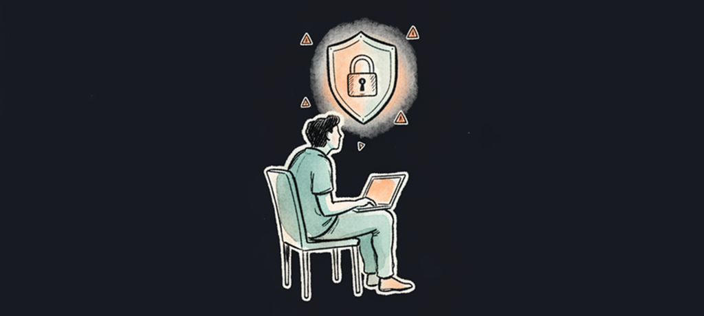 Illustration of a developer looking up at a shield and lock icon, representing AI security scanning