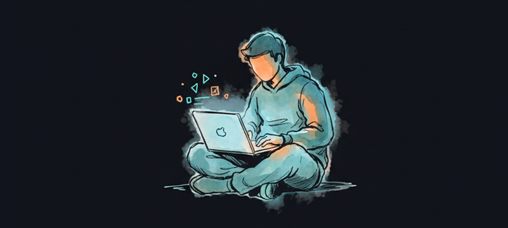 Illustration of a developer sitting cross-legged reviewing code on a laptop