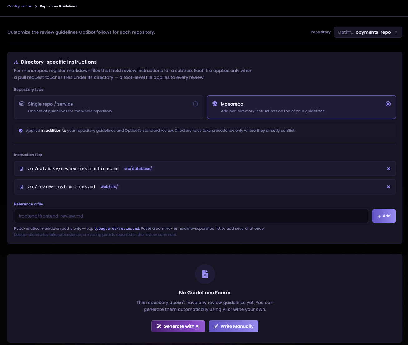 Repository Guidelines page in the Optibot dashboard with Monorepo selected and two instruction files registered