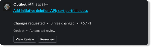 Re-review button in a Slack notification next to View Review